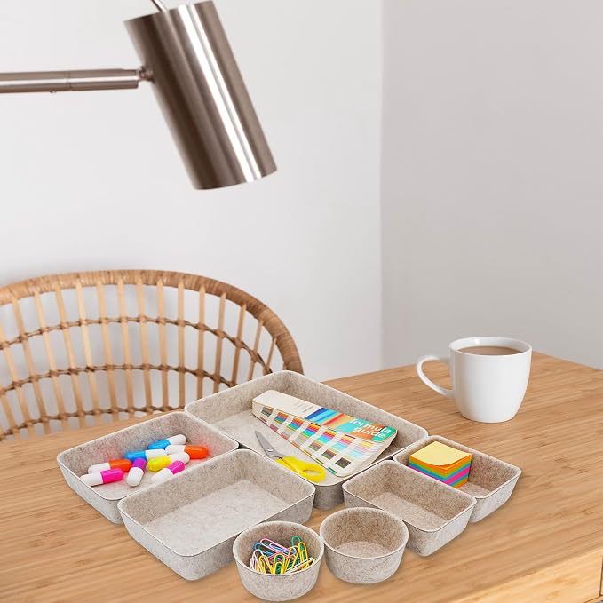 Welaxy 7pc Scandinavian Felt Desk Drawer Organizer Oatmeal Catchall Tray | - Image 3