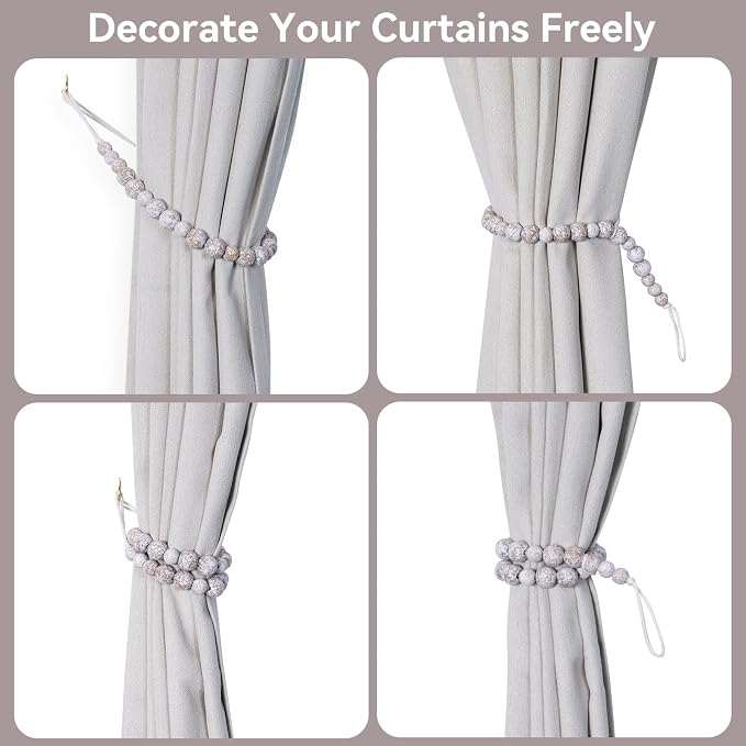 KLOGTSIND Wood Bead Curtain Tiebacks, 4 Pack Curtain Tie Backs - Image 3