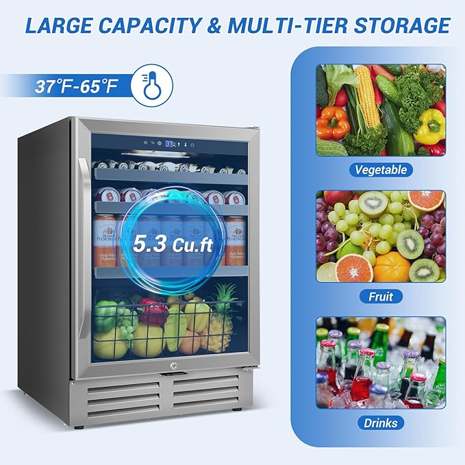 24" Beverage Refrigerator Undercounter | 180 Can Capacity | Built-In Undercounter Cooler | Glass Door for Soda, Water, Beer | Home, Bar, or Office Use