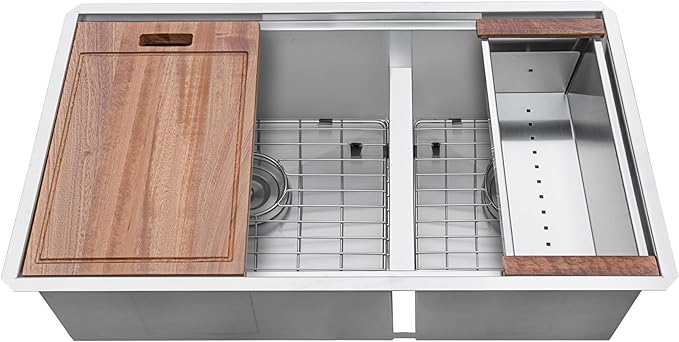 Ruvati 36-inch Workstation Kitchen Sink - 60/40 Double Bowl Undermount 16 Gauge Stainless Steel Kitchen Sink with Brushed Finish hides scratches, Easy-to-Clean Undermount Sink - RVH8359