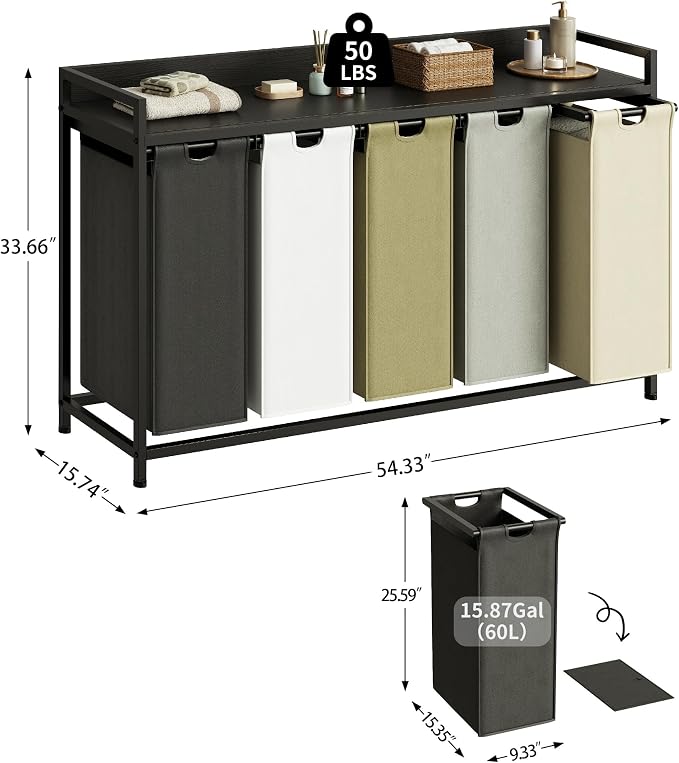 Herture Laundry Hamper with Shelf, Laundry Basket 5 Section, Laundry Sorter - Image 2