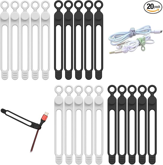 UMUST 20Pcs Silicone Cable Ties, Cable Management Cord Organizer WhiteBlack | by ELECTRONICACCESSORIES