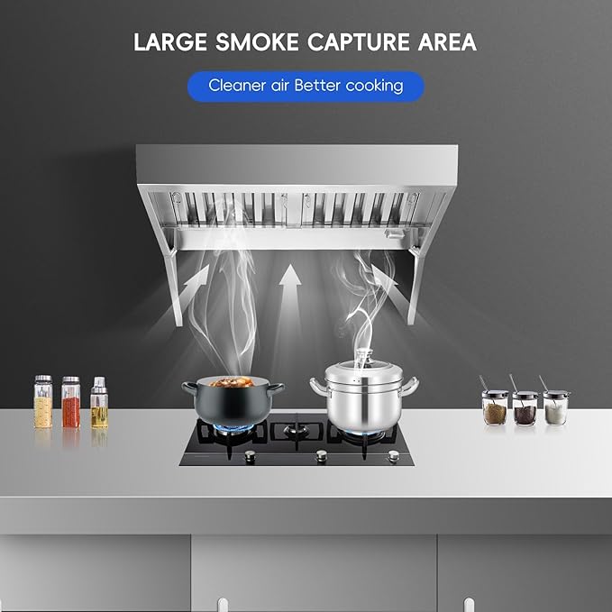 4FT Commercial Kitchen Exhaust Hood, Wall Mount Stainless Steel Vent Hood with 2 Detachable u-Shaped Filters, Rust-Resistant Food Truck & Restaurant Range Hood for Concession Trailer Cooking Station