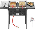 VEVOR Outdoor Propane Deep Fryer, Double Burners Commercial Fryer, 16 Qt Stainless Steel Cooker with Removable Baskets & Lids & Tanks, Oil Fryer Cart with Thermometer & Regulator, For Outdoor Cooking