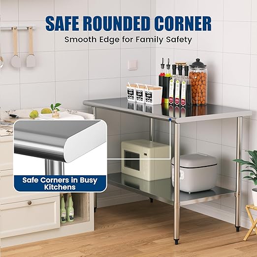 Stainless Steel Work Table 30 x 60 Inch with Adjustable Undershelf, Heavy-Duty Metal Prep Table for Commercial Kitchen & Restaurant, Garage, Outdoor