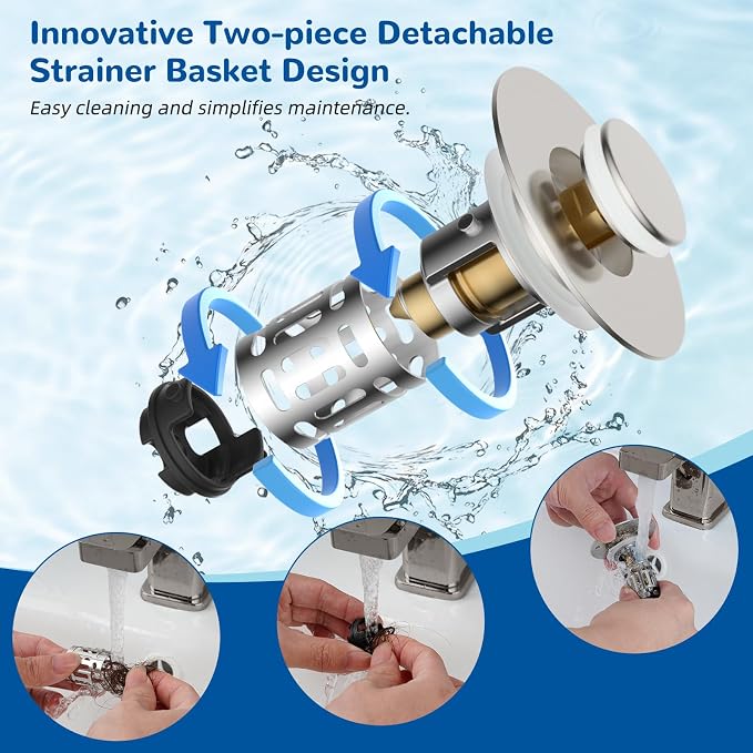 Hibbent 2 PCS Upgraded 3 in 1 Bathroom Sink Drain Strainer, Pop Up Stopper | - Image 4