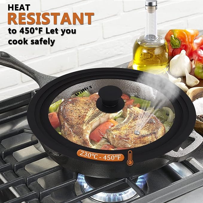 Universal Lid for Pots, Pans and Skillets & Frying Pan - Small Pan lids Fits 6.5", 7" and 8" Diameter Cookware - Tempered Glass with Heat Resistant Silicone Rim