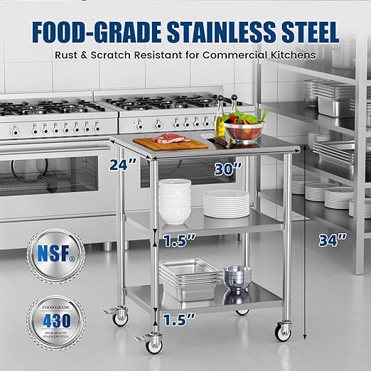 Stainless Steel Work Table with Wheels, 24x30 Inch NSF Kitchen Prep Table with 2 Adjustable Undershelves for Commercial Restaurant, Garage, Outdoor BBQ