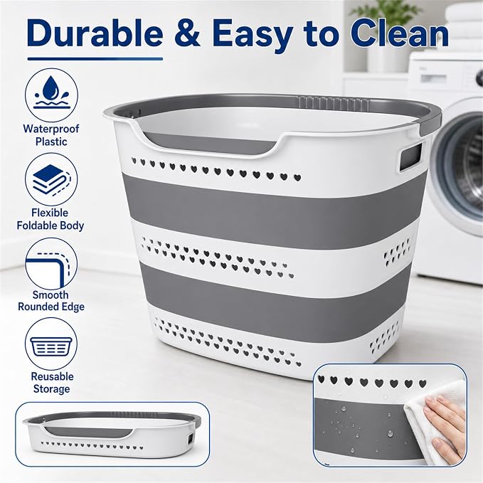 2 Pack Collapsible Plastic Laundry Basket - 42L Foldable Pop Up Clothes Hamper - Image 7