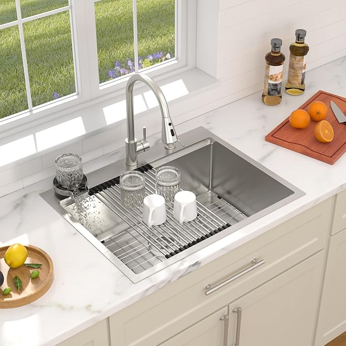 Dcolora 28 Inch Workstation Kitchen Sink with Cup Washer, Drop In Luxury Large Single Bowl, 304 Stainless Steel Heavy Duty 16 Gauge, 5 In 1 Valued Accessories #DC-TW258007S