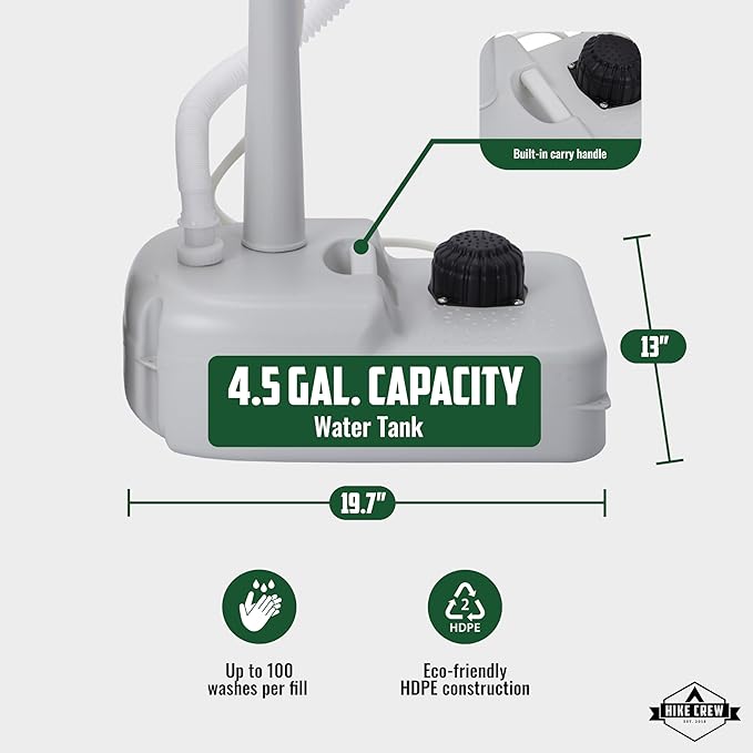 Hike Crew Portable Camping Sink & Waste Tank | Large Outdoor Hand Washing Station with 4.5 Gal Capacity, Hands-Free Foot Pump, Faucet, Soap Dispenser & Towel Rack | Includes 10 Gal Travel Waste Tank