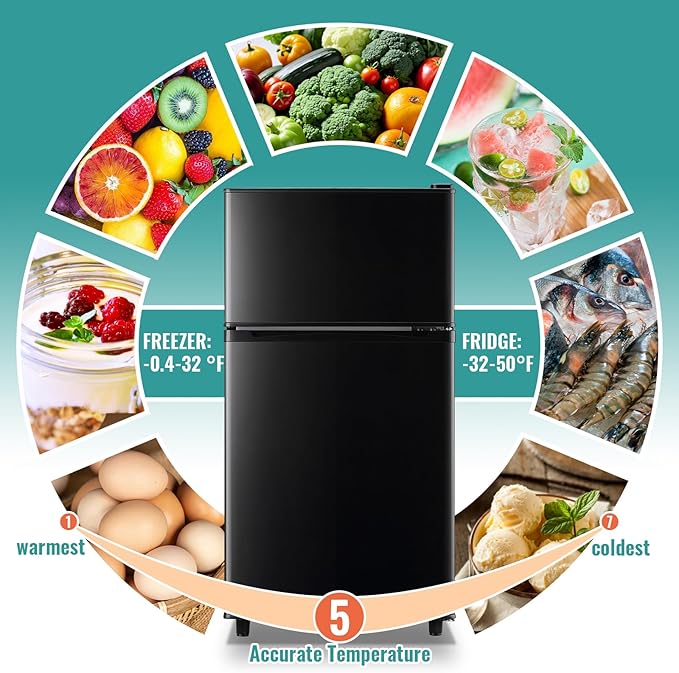 WANAI 3.5 Cu.Ft Mini Fridge with Freezer, Compact Refrigerator for Office, Dorm, Apartment, 7-Level Adjustable Thermostat, 2 Removable Shelves and Bakset, Small Fridge in Black