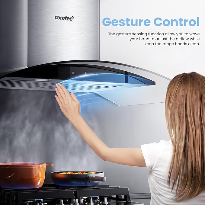 COMFEE' Curved Glass Range Hood 36 Inch 450 CFM 3 Speed Gesture Sensing &Touch Control Panel Stainless Steel Kitchen Ductless/Ducted Convertible with Baffle Filters and 2 LED Lights (CVG36W9AST)