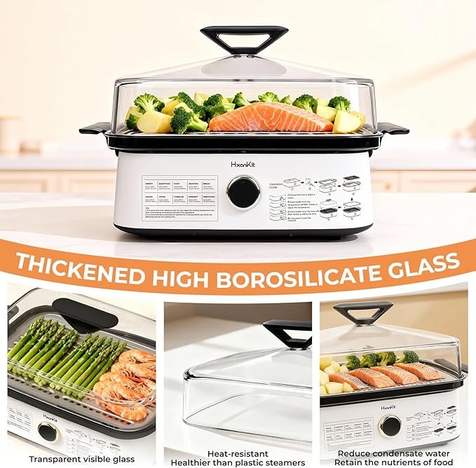 Electric Food Steamer with Boron Glass Lid, 450°C high-temperature steam, fast cooking for Vegetables, seafood, stew, disinfection, built-in program,One-Touch Control,8 Quart,1800W,White