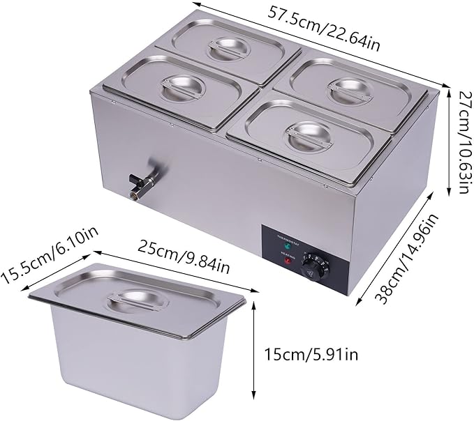 4-Pan Bain Marie Steam Table, Commercial Countertop Steam Table Food Warmer 600W 16.9Qt Stainless Steel Electric Food Soup Warmer with Lid and Tap for Restaurant, Buffet Catering