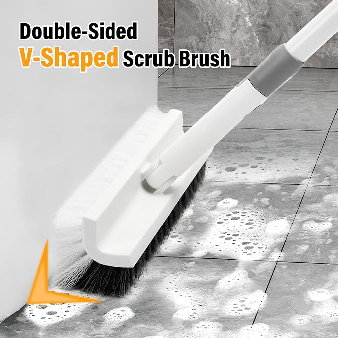 Floor Scrub Brush with Long Handle, Double-Sided V-Shaped Deck Brush, Grout - Image 3