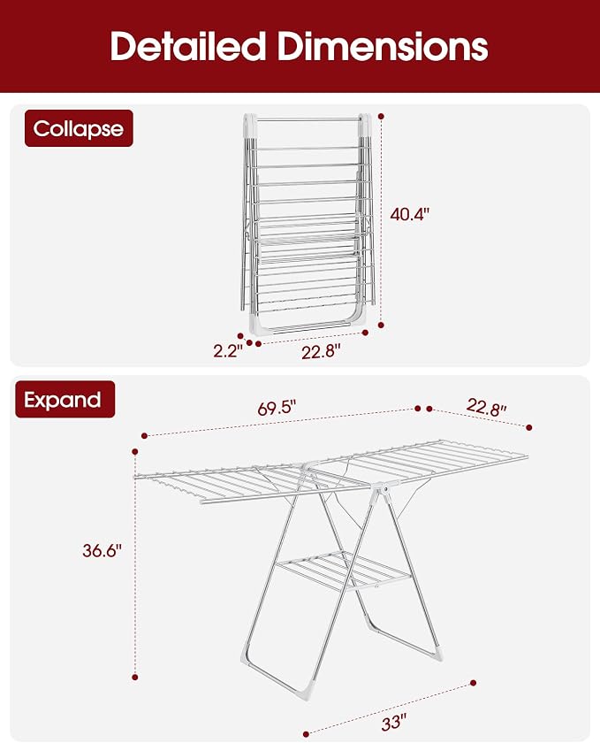 Sakugi Clothes Drying Rack, 69.5" Adjustable Wings, Foldable Design | Laundry - Image 3