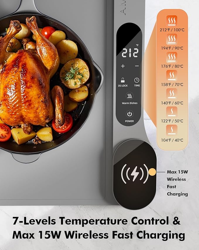 New Food Warming Mat with Wireless Charger, 34”x15” Extra Large Roll Up Food Warmer Fast Heating Mat for Food with 7 Level Temperature & 8 Hours Timer, Electric Warming Trays for Buffets Party (Grey)