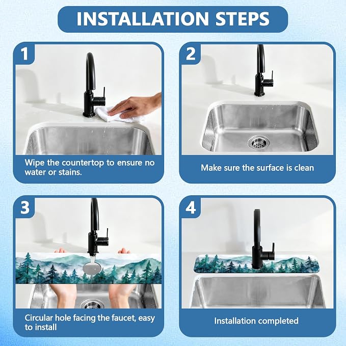 2 Pcs Kitchen Sink Splash Guard Faucet Mat Watercolor Forest Pattern Faucet Mat - Image 4