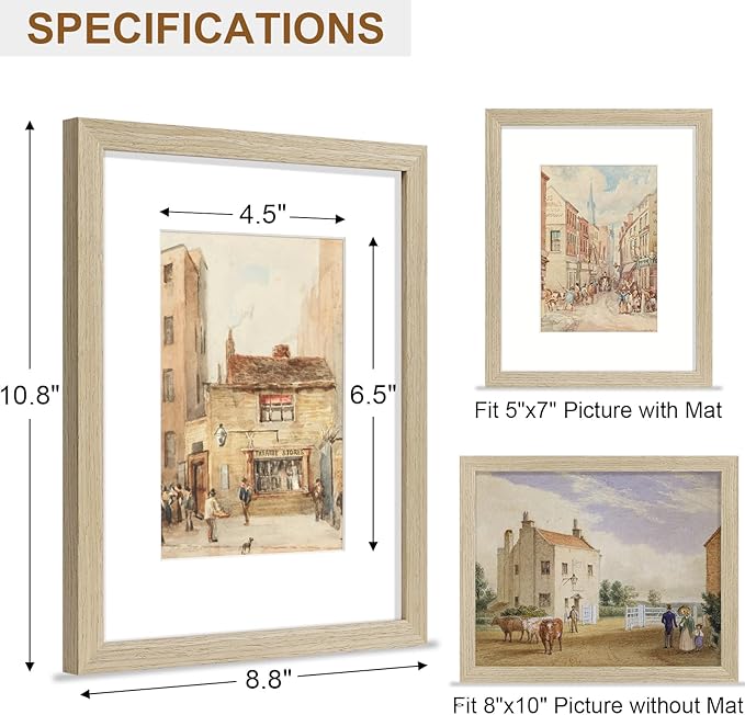 Vittanly 8x10 Picture Frame, Solid Wood Frame with Plexiglass, Includes 5x7 Mat, Wall Hanging or Tabletop for Home Decor, Light OAK, 1 Pack