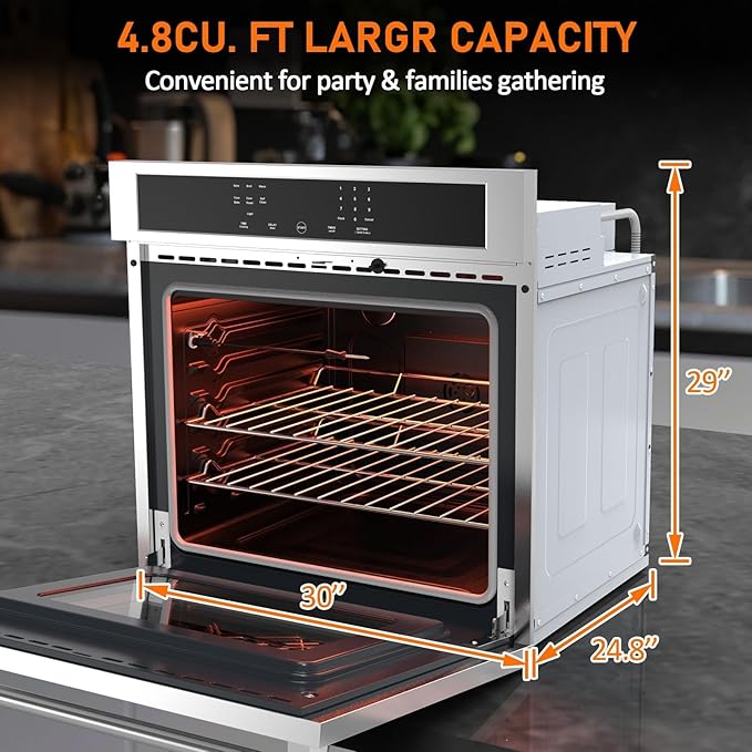30 in Built-in Electric Wall Oven,4.8 Cu.Ft Stainless Steel with Self-Cleaning,Touch Glass Control & Child Safety Lock,3800W Convection System,Blue Enamel Interior
