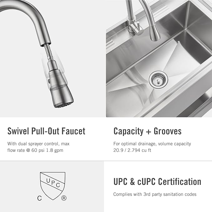 TRINITY Stainless Steel Freestanding Single Bowl Utility Sink for Garage, Laundry Room, and Commercial Use, Includes Pull-Out Faucet, NSF, UPC and cUPC Certified, 36" x 20" x 49.2", Stainless Steel