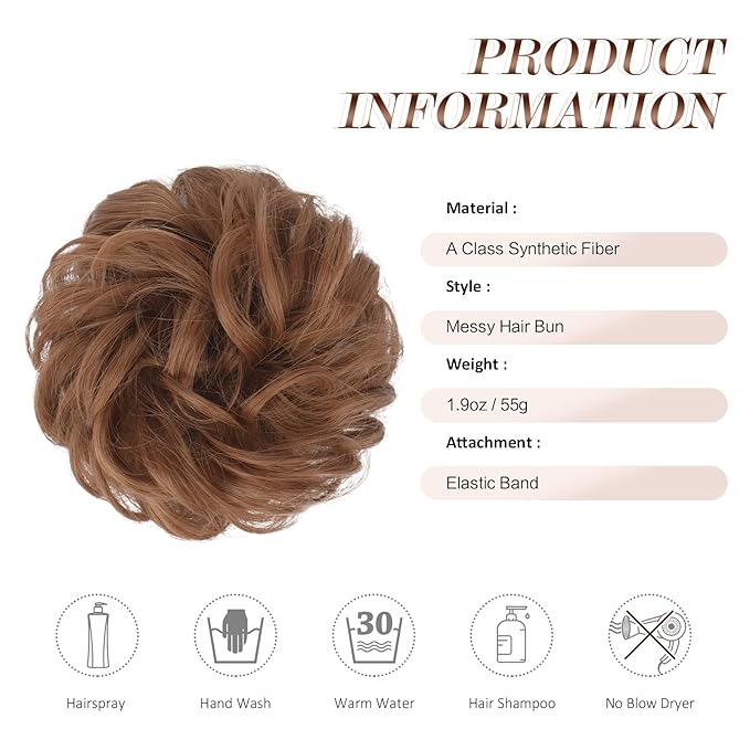 FESHFEN Large Messy Bun Hair Piece - Wavy Synthetic Chignon Scrunchies Elastic Ponytail Hair Extensions Thick Hairpieces for Women, Copper Brown 1.94oz
