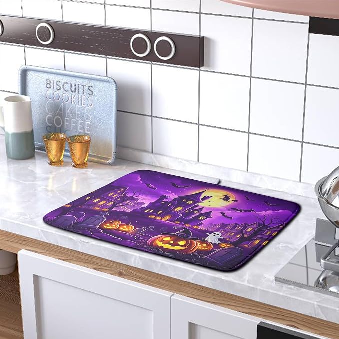 Halloween Dish Drying Mat for Kitchen Counter Witch Castle Bats Ghost Purple - Image 5
