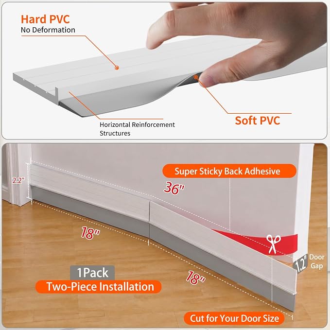 2Pc Total 72" Hard Door Draft Stopper, Door Sweep - Image 2