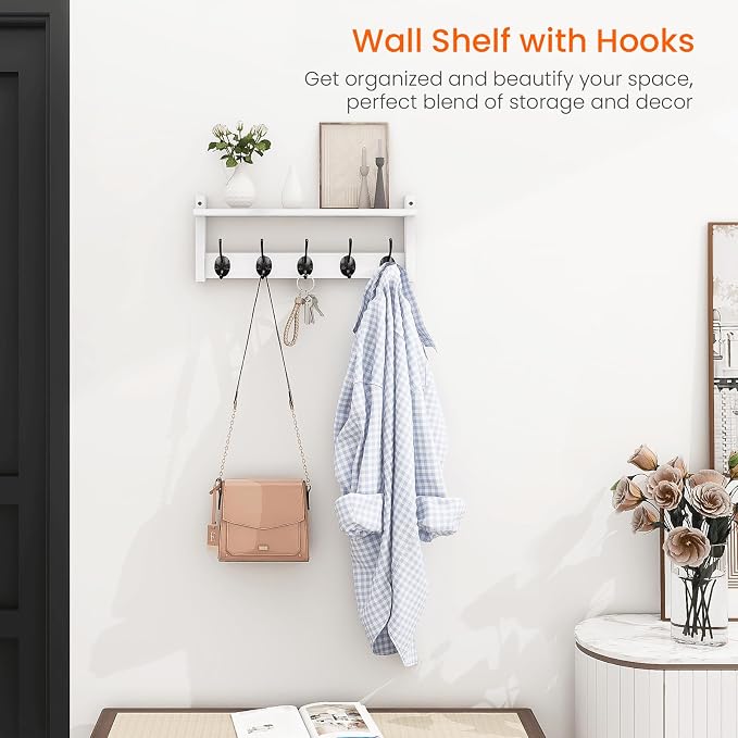 Wall Shelf with Hooks, Coat Rack Wall Mount with Pegs, Hanging Entryway Coat - Image 2