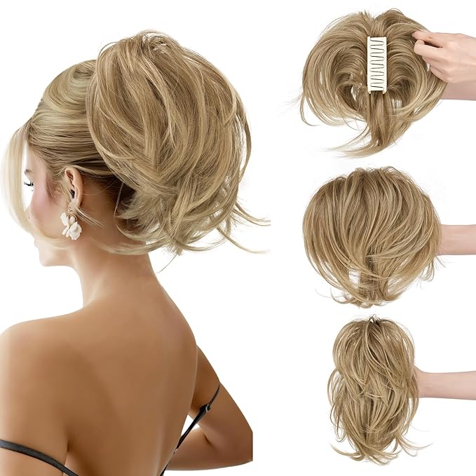 SOFEIYAN Claw Clip Short Ponytail Extension DIY Bendable Wires Hair Bun Fluffy Fake Hair Piece Straight Synthetic Hair Ponytail Extensions for Wonen - Sand