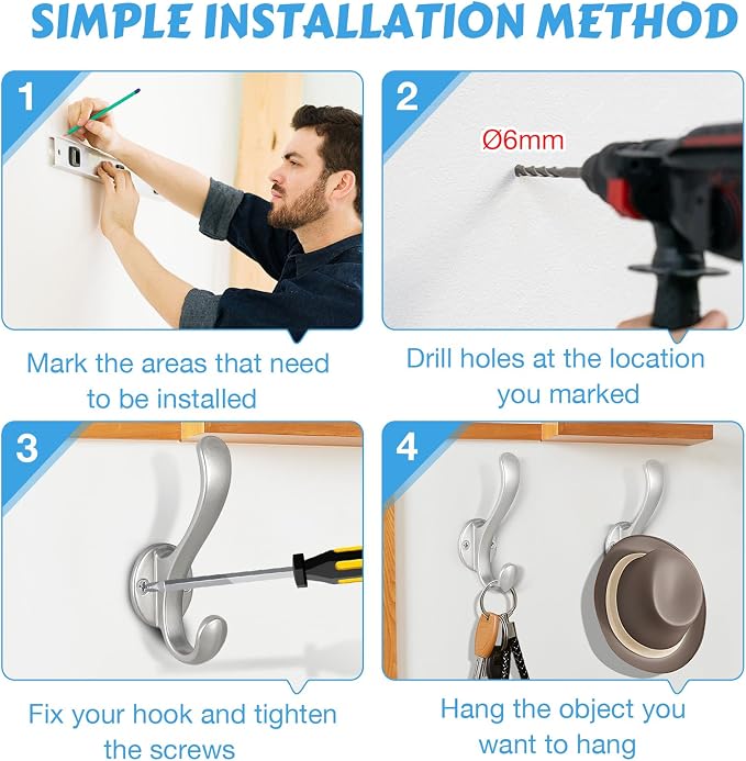 6 Pack Coat Hooks Wall Mount Heavy Duty Utility Retro Double Hooks - Image 5