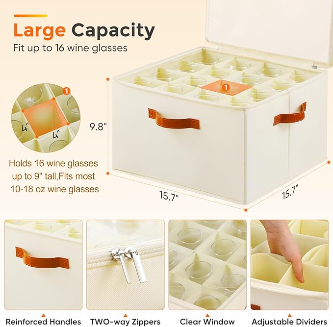Wine Glass Storage Box with Dividers, 2 Pack Glassware Storage Containers, Stemware Storage Cases Holds 32 Wine Glasses, Stackable Crystal Storage Containers with Clear Cover for Moving，Beige