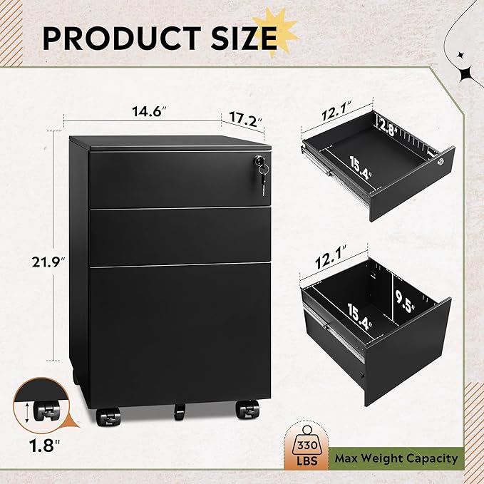 DEVAISE 3 Drawer File Cabinet with Lock, Rolling Black Filing Cabinet Organizer Under Desk, Fully Assembled Mobile Storage with Wheels & Anti-Tip Caster, for Home Office