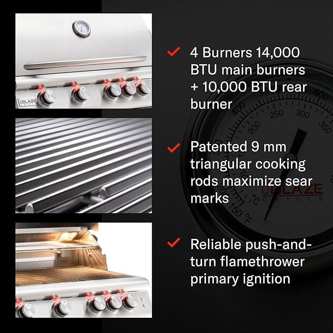 Blaze 32-Inch 4-Burner Built-In Natural Gas Grill | 66,000 BTU | Rear Infrared Burner & Grill Lights | 304 Stainless Steel Construction | BLZ-4LTE2-NG