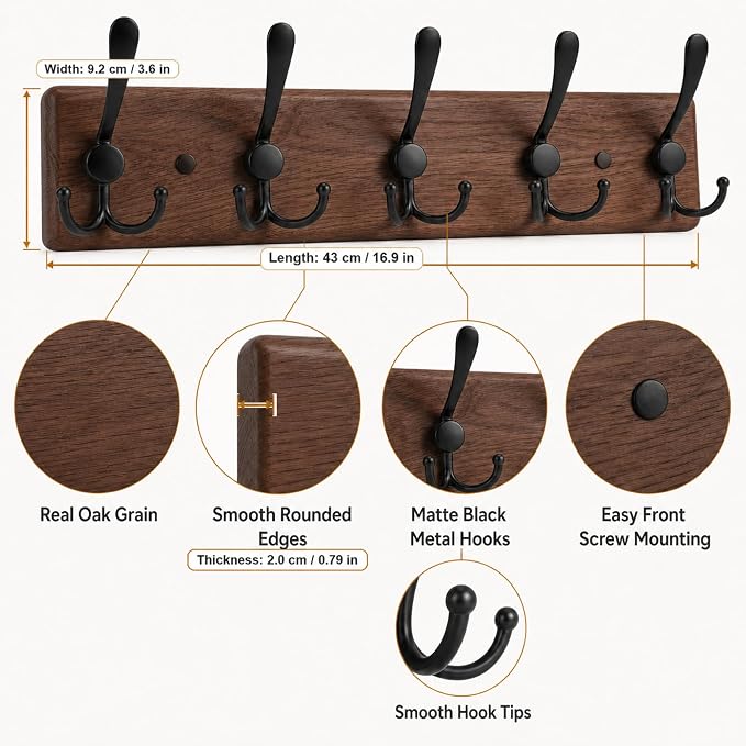 Solid Oak Wooden Coat Rack Wall Mount - Image 3
