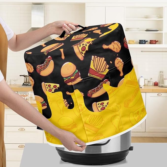8 Quart Pressure Cooker Small Appliance Covers, Washable Dust Cover for Air Fryer Rice Cooker Kitchen Appliance Accessories with Storage Pockets, Pizza and Burger Print