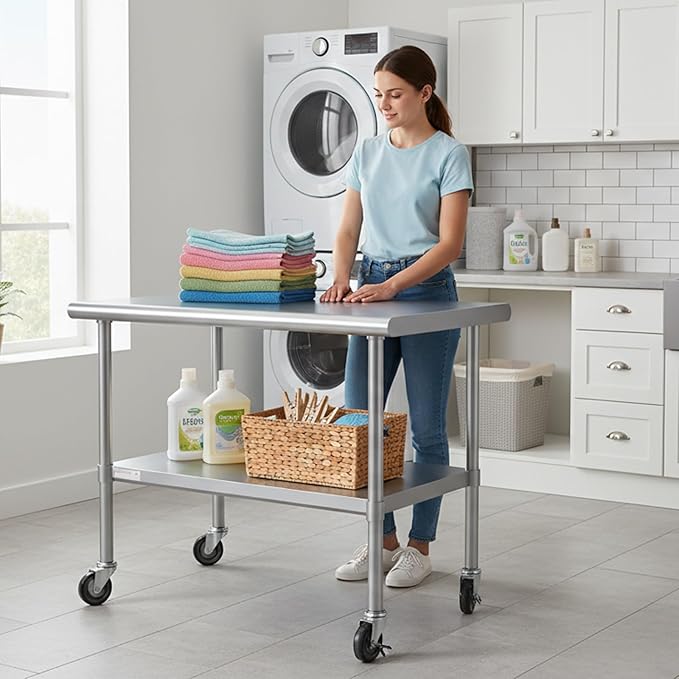 STABLEINK NSF Stainless Steel Prep Table with Wheels 30 x 36 Inches 3ft, Metal Workbench with Adjustable Lower Shelf, for Commercial Kitchen, Restaurant, Hotel, Laundry and Garage