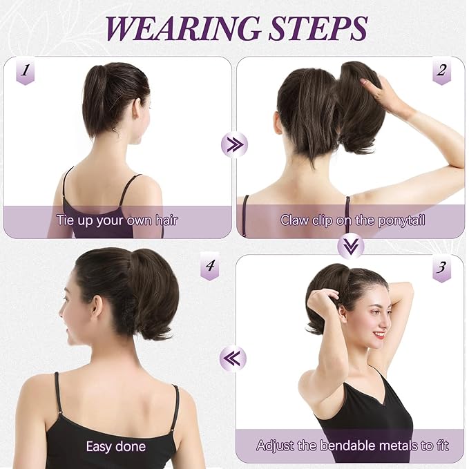 BARSDAR Short Claw Clip Human Hair Ponytail Extension - 8 Inch Real Human Hair Dark Brown Messy Bun Hairpieces for Women - Thick Natural DIY Styles Short Ponytail with Bendable Metals Daily Wear