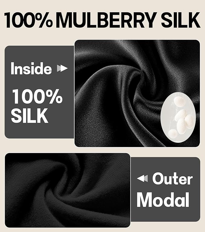 100% Mulberry Silk Bonnet for Sleeping for Curly Hair and Braids, Wrap with Adjustable Strap for Women and Men,Real Silk, Not Satin（1Pc,Black）