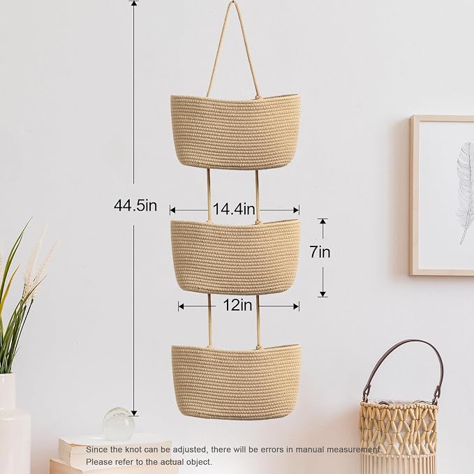 TeoKJ Over the Door Hanging Basket, 3-Tier Woven Cotton Wall-Mounted Storage - Image 5