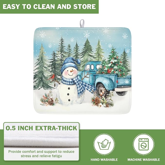 Giwawa Winter Snowman Blue Dish Drying Mat Xmas Truck Dishes Pad 16"x18" - Image 5