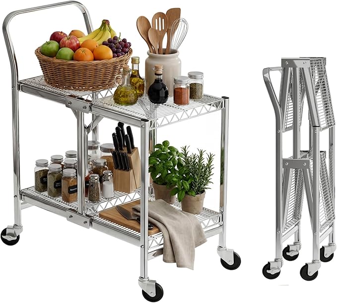 Collapsible 2 Shelf Wire Cart, Heavy Duty Collapsible Wire Rolling Utility Cart with Locking Brakes, 500lb Capacity, Folds Up for Storage, Chrome, 37.5" x 20.4" W x 36.2" H
