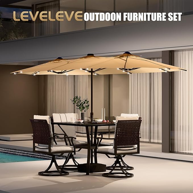 LEVELEVE 15FT Large Patio Patio Umbrella with Base & Solar LED Lights - Double-Sided,Kahaki