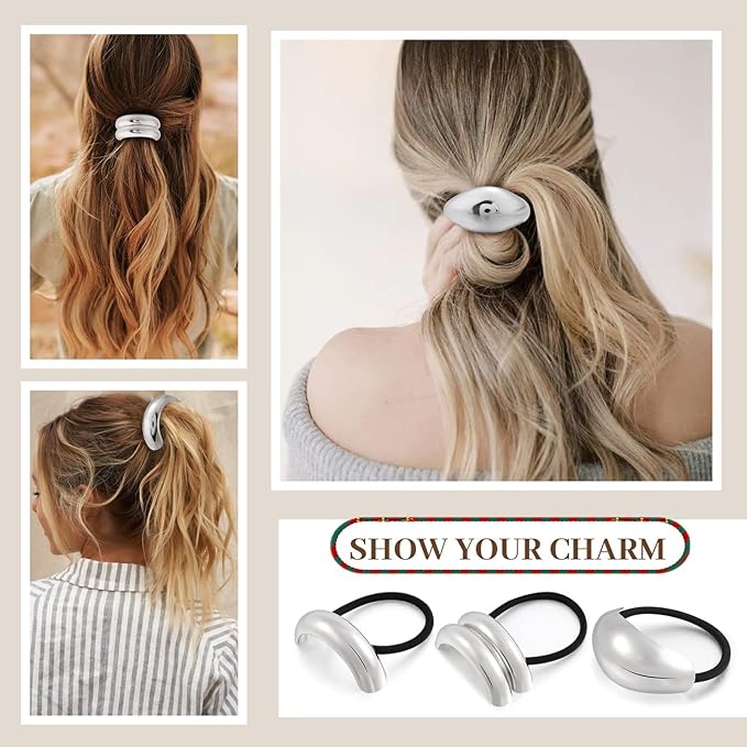 3PCS Silver Hair Ties, Metal Hair Ties for Thick Hair, Elegant Durable Geometric Design, Silver Hair Accessories Stretchy and Non-Damage Ponytail Holders, 3 Styles in Box Gifts Holiday