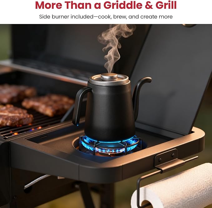 Propane Gas Griddle Grill Combo with Side Burner, Non-Stick Porcelain-Enameled Cast Iron Grate & Pan, 5 Burners Dual BBQ Grills, 702 SQ.IN Cooking Area, Heavy-Duty Stand for Backyard