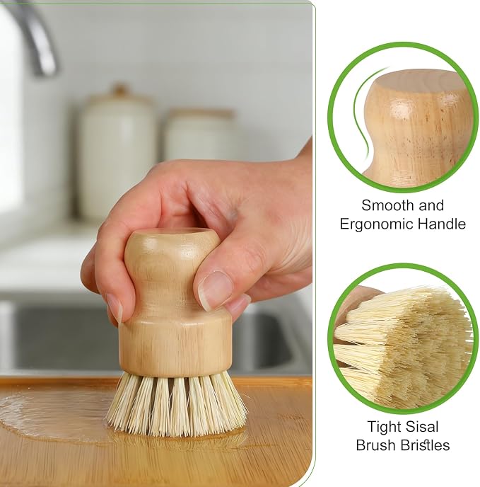 Bamboo Dish Brush, Natural Scrub Brush, 4 Pack Set | Wooden Dish Scrubber | - Image 4