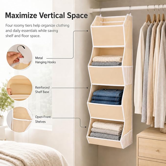 4-Shelf Hanging Closet Organizer and Storage, Fabric Storage Bins Bedroom - Image 6