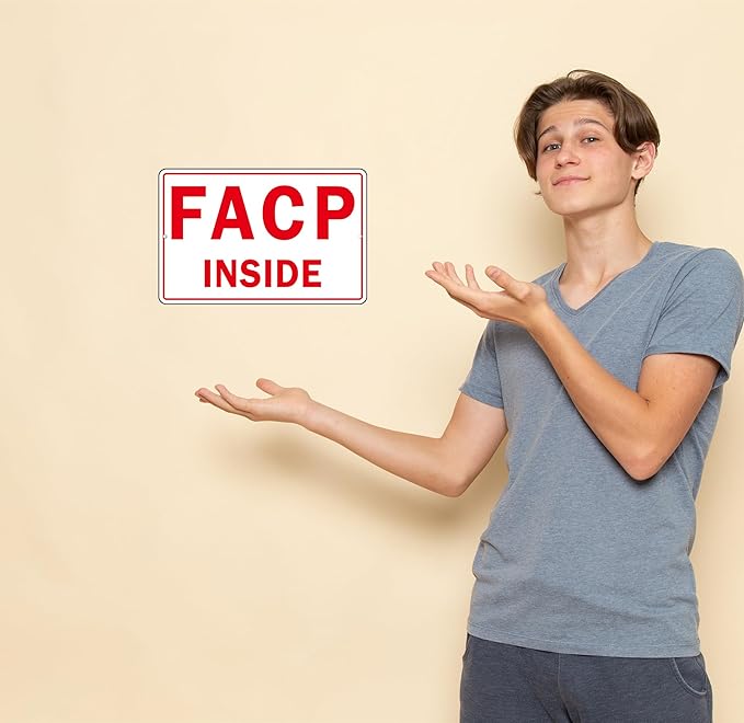 FACP Sign, (2 Pack) Self Adhesive FACP Inside Signs, Rust Free and Reflective Aluminum Metal Sign Sticker for Door (9 x 6 inches, White/Red)