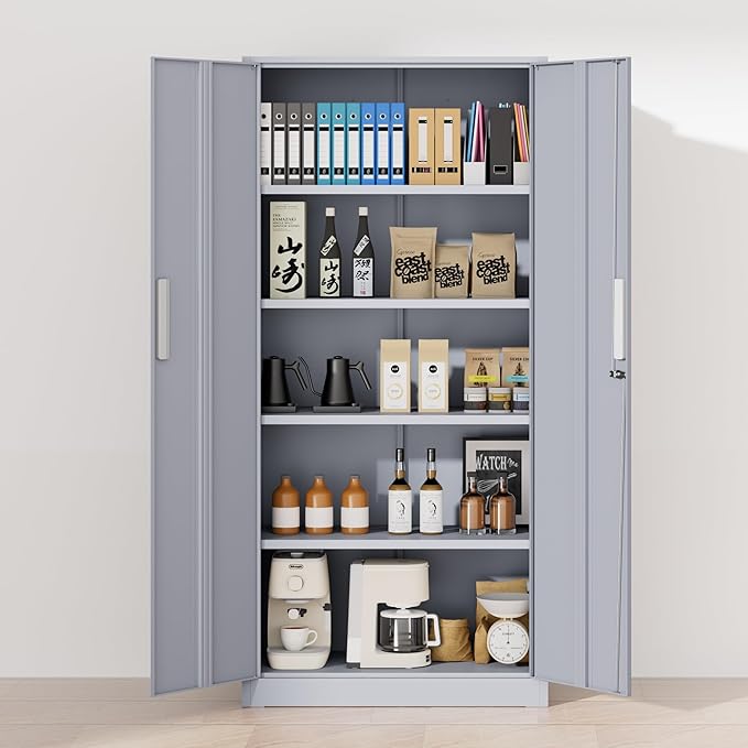 Greenvelly Metal Garage Storage Cabinet with 2 Doors and 4 Adjustable Shelves, 72”H Steel Lockable Storage Cabinet,Tall Metal Cabinet Locking File Cabinet for Office,Home, Garage, Gym, School